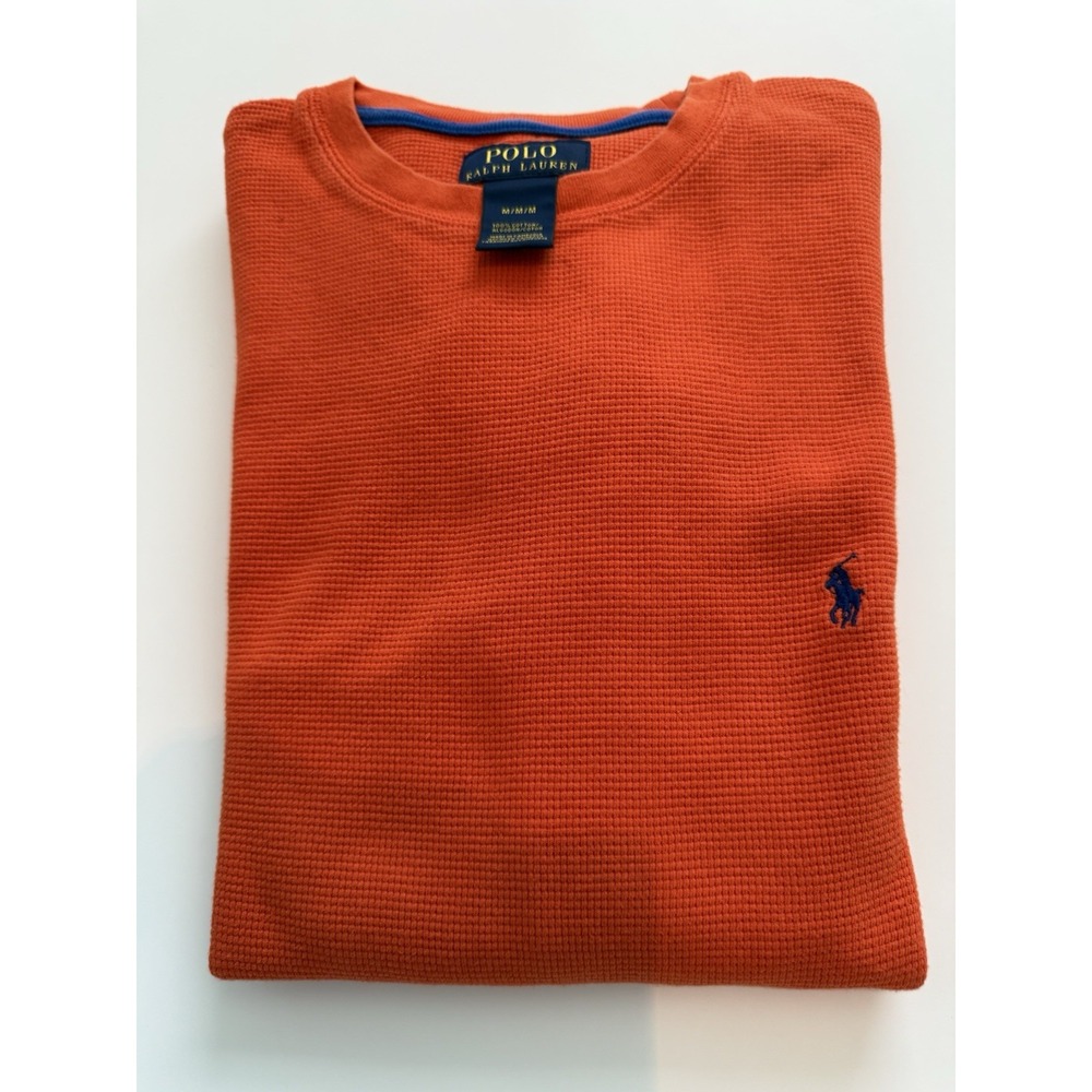 Men's Polo long Sleeve Woven Orange Medium Layer Warm Perfect Fall Color Waffle